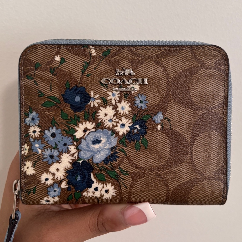 Coach Brown Signature Zip Wallet with Blue Floral Print